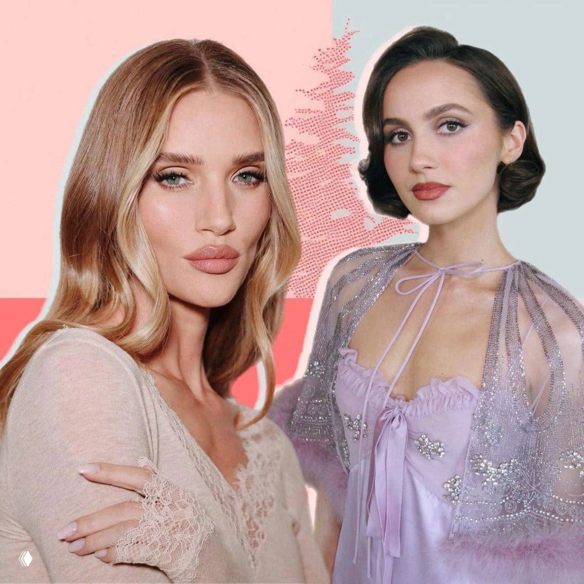 Коллаж: две женщины в вечернем макияже и причёсках на пастельном фоне, пример быстрого образа для вечеринки