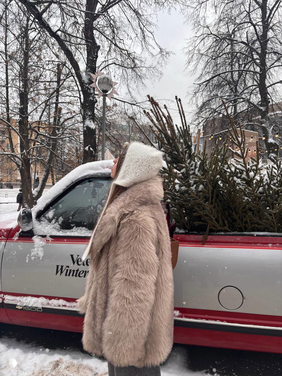 Профиль женщины в пушистой шубе и капоре на фоне красного пикапа с ёлками — праздничный городской зимний образ и идеи для съёмки.
