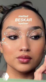 Кадр из вертикального видео/TikTok: модель с шаблонами-стрелками на веке, надпись "melted BESKAR eyeliner" и процесс нанесения пигмента.