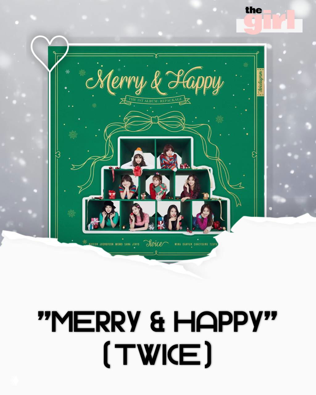 Зелёная праздничная обложка TWICE «Merry & Happy»: участницы в праздничных рамках и декоративная золотая типографика.