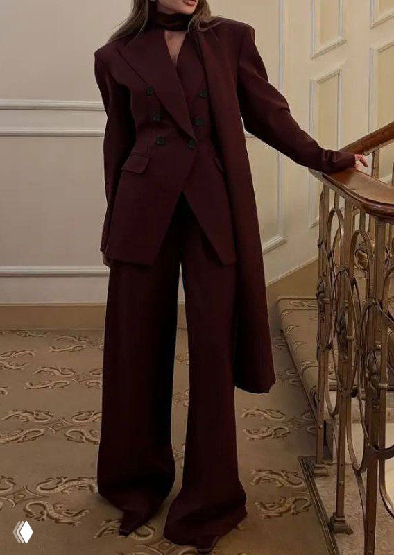 Полный рост женщины в двубортном бордовом костюме и широких брюках на лестнице — сдержанный, статусный и тёплый новогодний аутфит для Козерога.