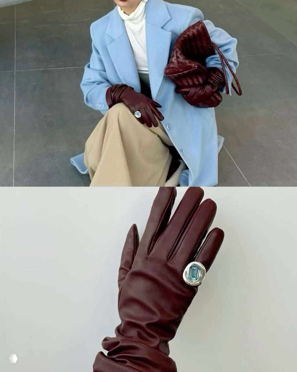 Крупный план: светло-голубой пальто и бордовая стеганая сумка, бордовые кожаные перчатки и украшение на руке.