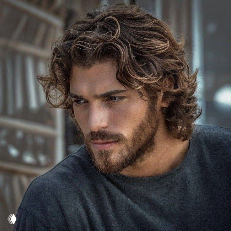 Близкий план Джана: длинные локоны и щетина, задумчивый взгляд в студийной обстановке, фотография подчёркивает черты лица актёра.