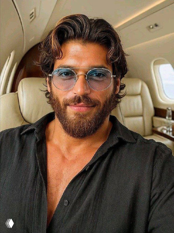 Крупный портрет Джина Ямана в самолёте: он в тёмной рубашке и очках, тёплый свет подчёркивает бороду и улыбку актёра в неформальной обстановке.