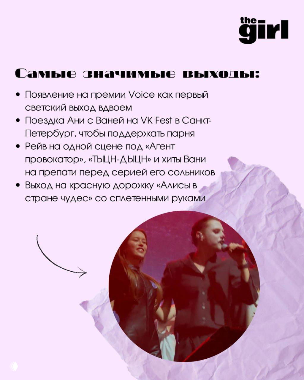 Список «Самые значимые выходы» с буллетами и круглой фотографией пары на сцене: кадр с выступлением и явной сценической динамикой.