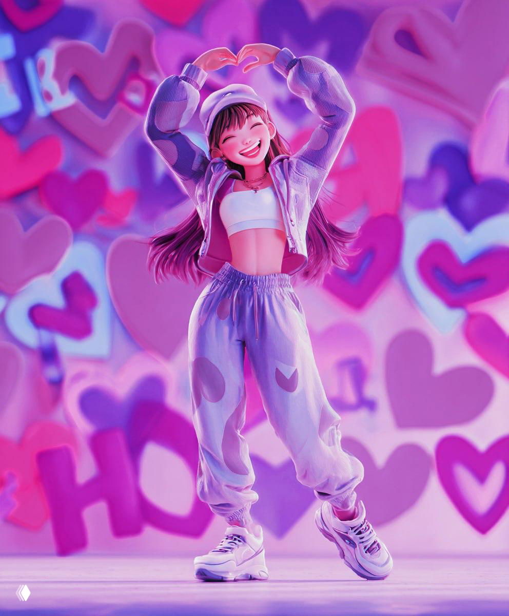 Иллюстрация: улыбающаяся девушка в спортивном костюме делает жест сердца на ярко-розовом фоне с множеством сердечек, в стиле K-pop.