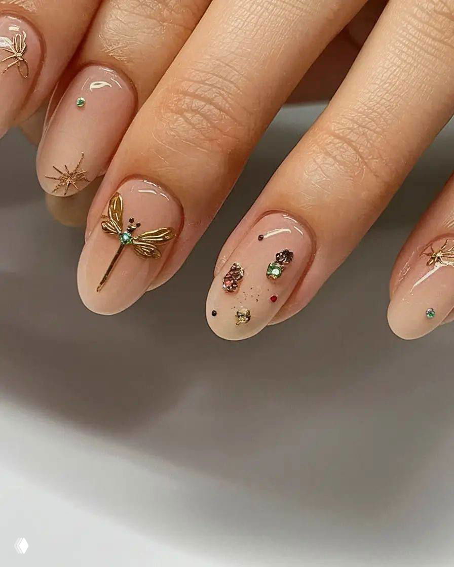 Крупный план маникюра: нюдовые ногти с декоративными стразами и металлической фурнитурой в виде стрекозы, тонкая детализация дизайна.