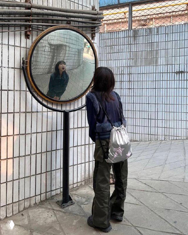 Девушка стоит перед большим выпуклым зеркалом на улице, отражение искажено, кадр предлагает идею странного отражения для фото.