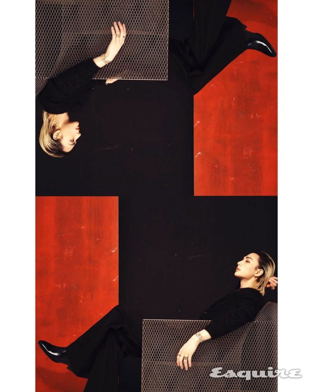 Композиционный разворот с зеркальным отражением молодого айдола на красно-чёрном фоне, графичное расположение кадров в журнальном развороте.