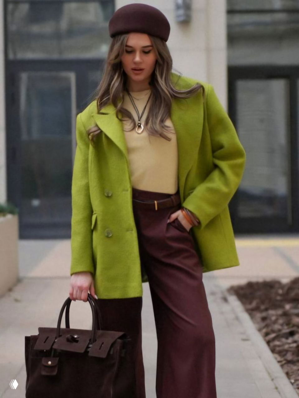 Уличный образ: модель в салатово‑зелёном пальто и бордовых брюках, сочетание зелёного и бордо как идея для ноября и осеннего гардероба.