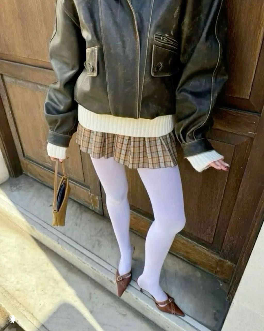 Кадр вблизи: ноги в плотных белых колготках, коричневые туфли и пестрая мини‑юбка на фоне деревянной двери — повседневный элегантный лук