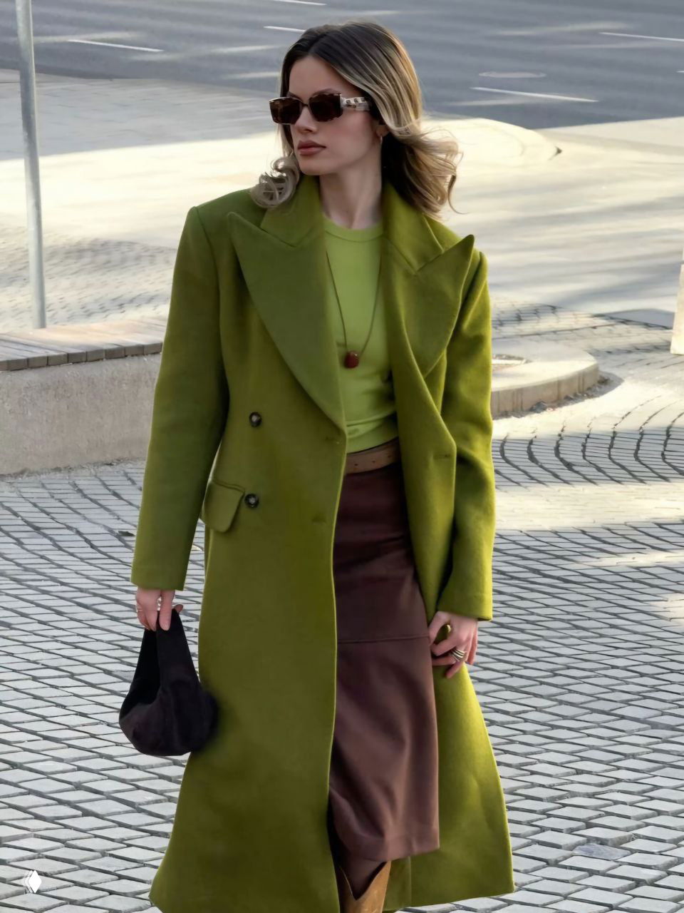 Модель в длинном зелёном пальто и бордовой юбке; уличная съёмка показывает, как сочетание зелёного и бордо выглядит целостно в образе для ноября.