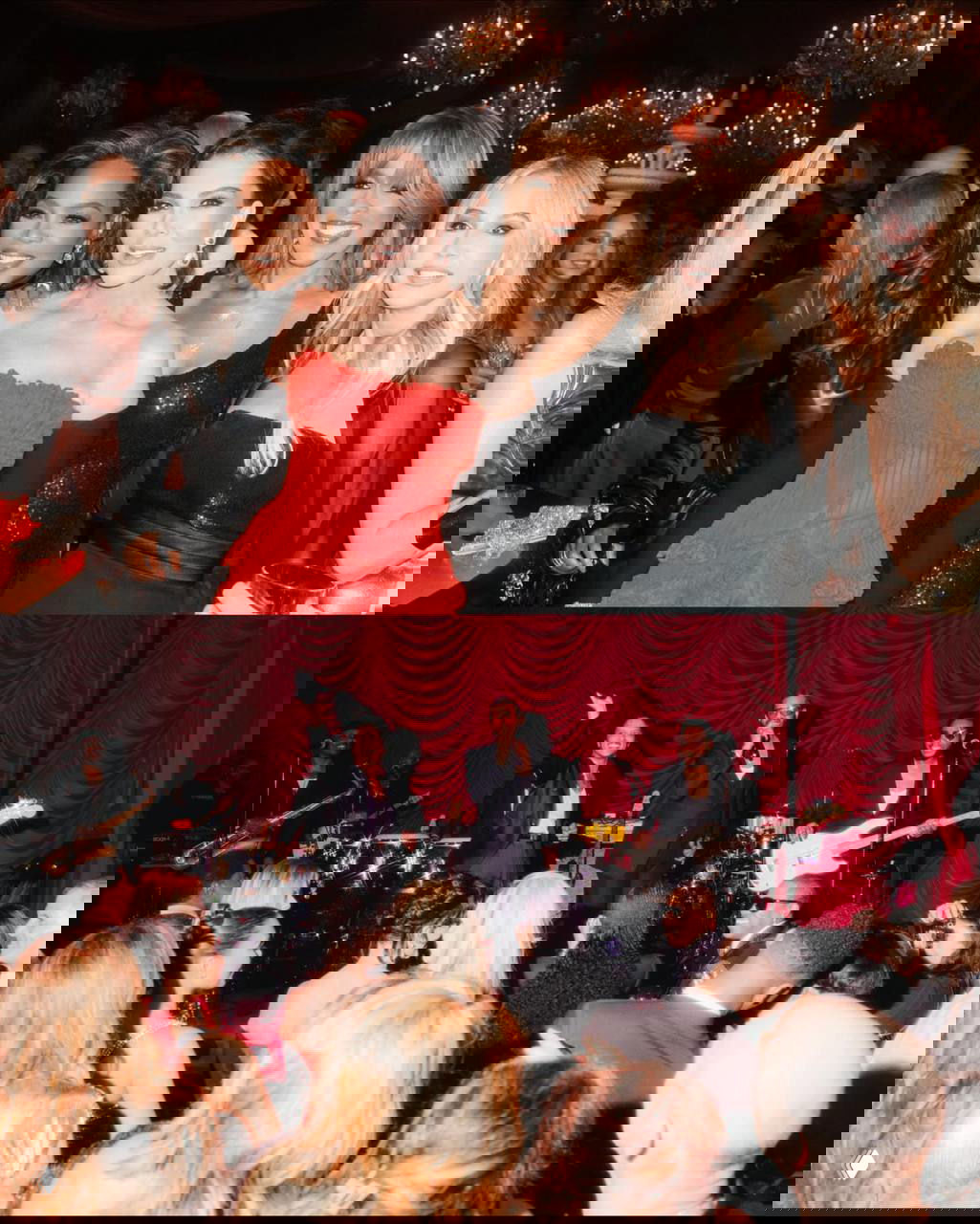 Широкий план зала: гости на красном ковре и музыкальная сцена, где выступает живой оркестр — праздничная атмосфера вокруг Крис Дженнер и её друзей.