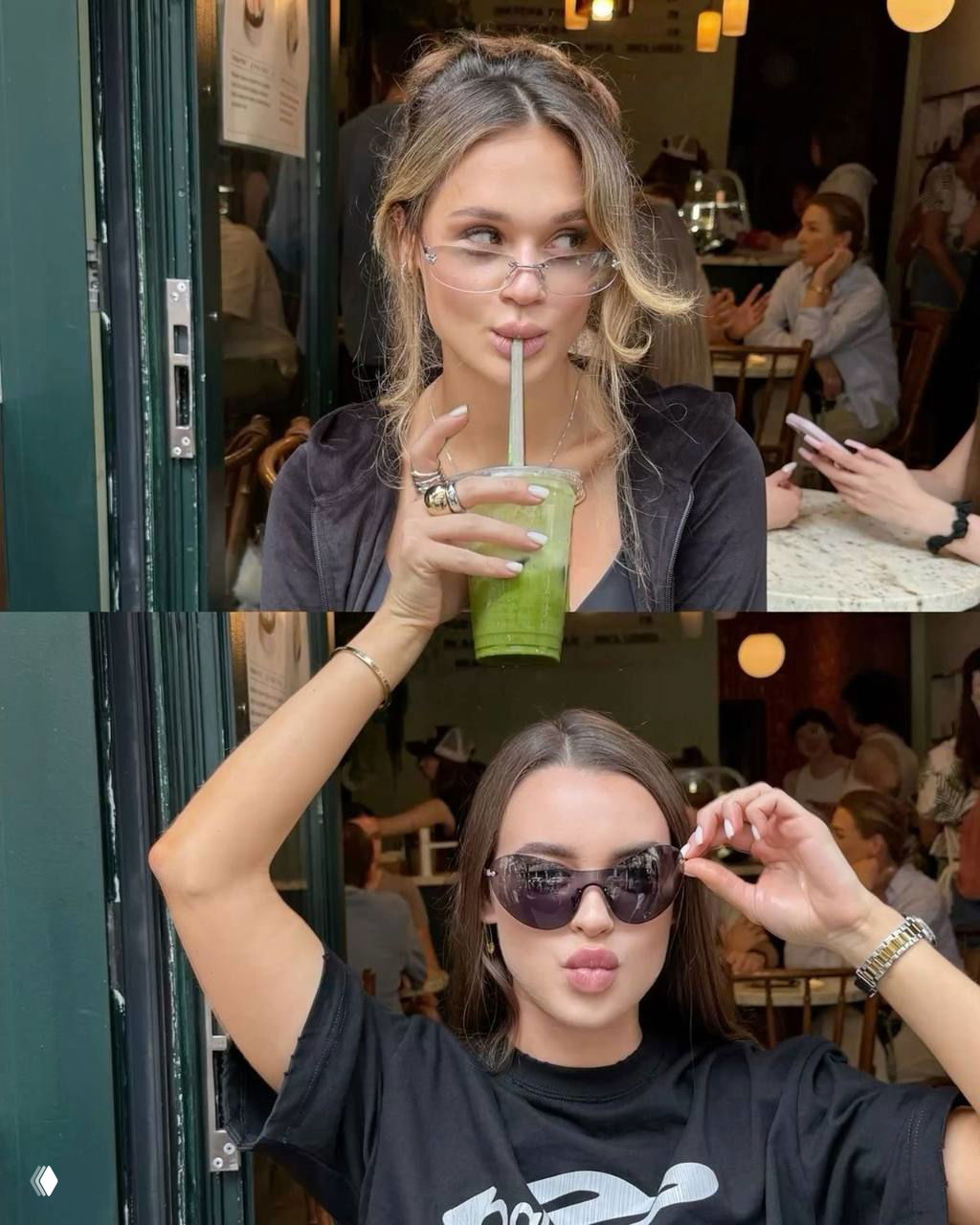 Две фотографии в коллаже: сверху девушка пьёт зелёный смузи в кафе, снизу другая позирует в тёмных очках; фон — кафе.