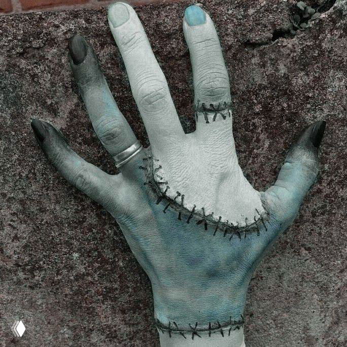 Деталь рук и ногтей в тематике косплея Фрэнки: зелёватая тональность кожи и тёмный маникюр на фоне грубой фактуры поверхности.