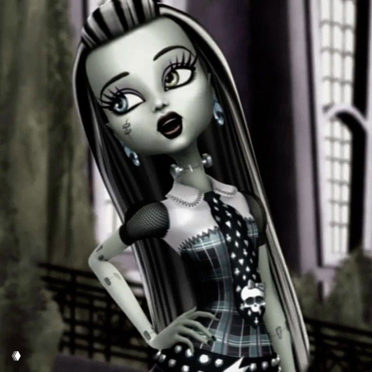 Иллюстрация или кадр куклы Фрэнки из Monster High в ретро-стилистике: клетчатый корсет и шея с болтами — оригинальный референс для косплея.