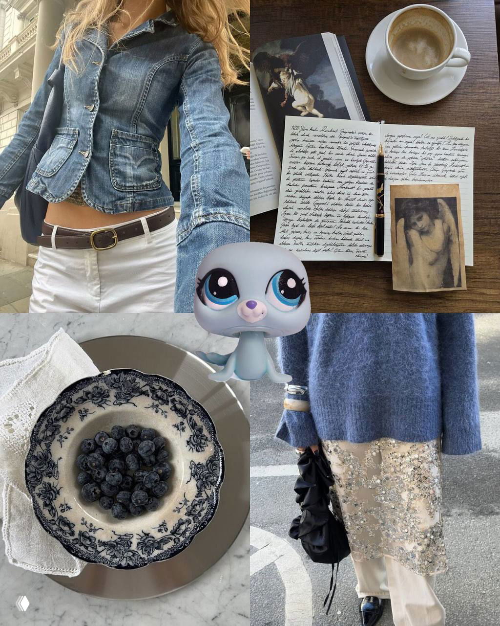 Коллаж из четырёх квадратных кадров: уличная мода, кофе с записной книжкой и центральная вставка с игрушкой Littlest Pet Shop, винтажная эстетика.