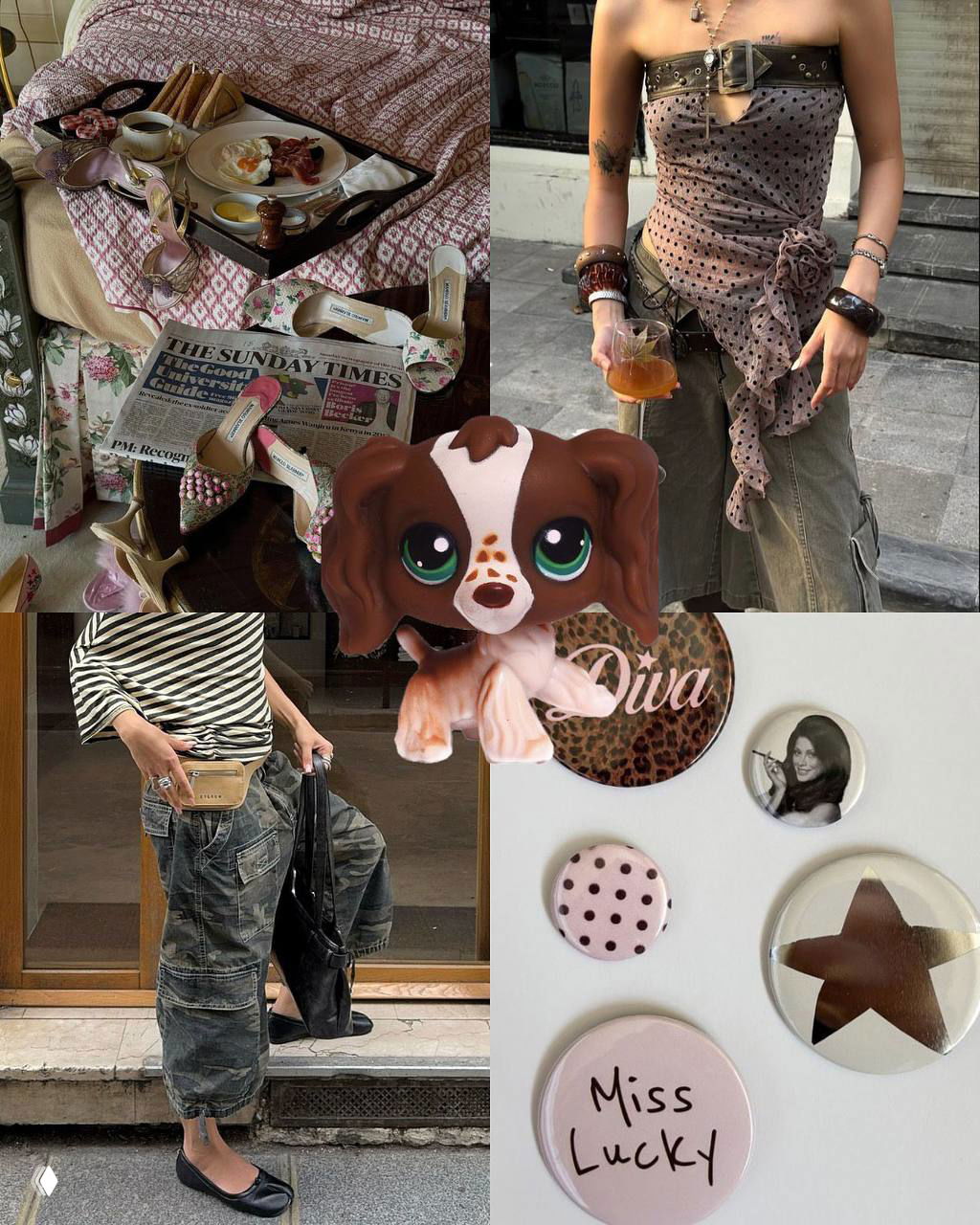 Коллаж с интерьерными и уличными кадрами, завтраком в постели и фигуркой Littlest Pet Shop: уютная, романтичная композиция для вдохновения.