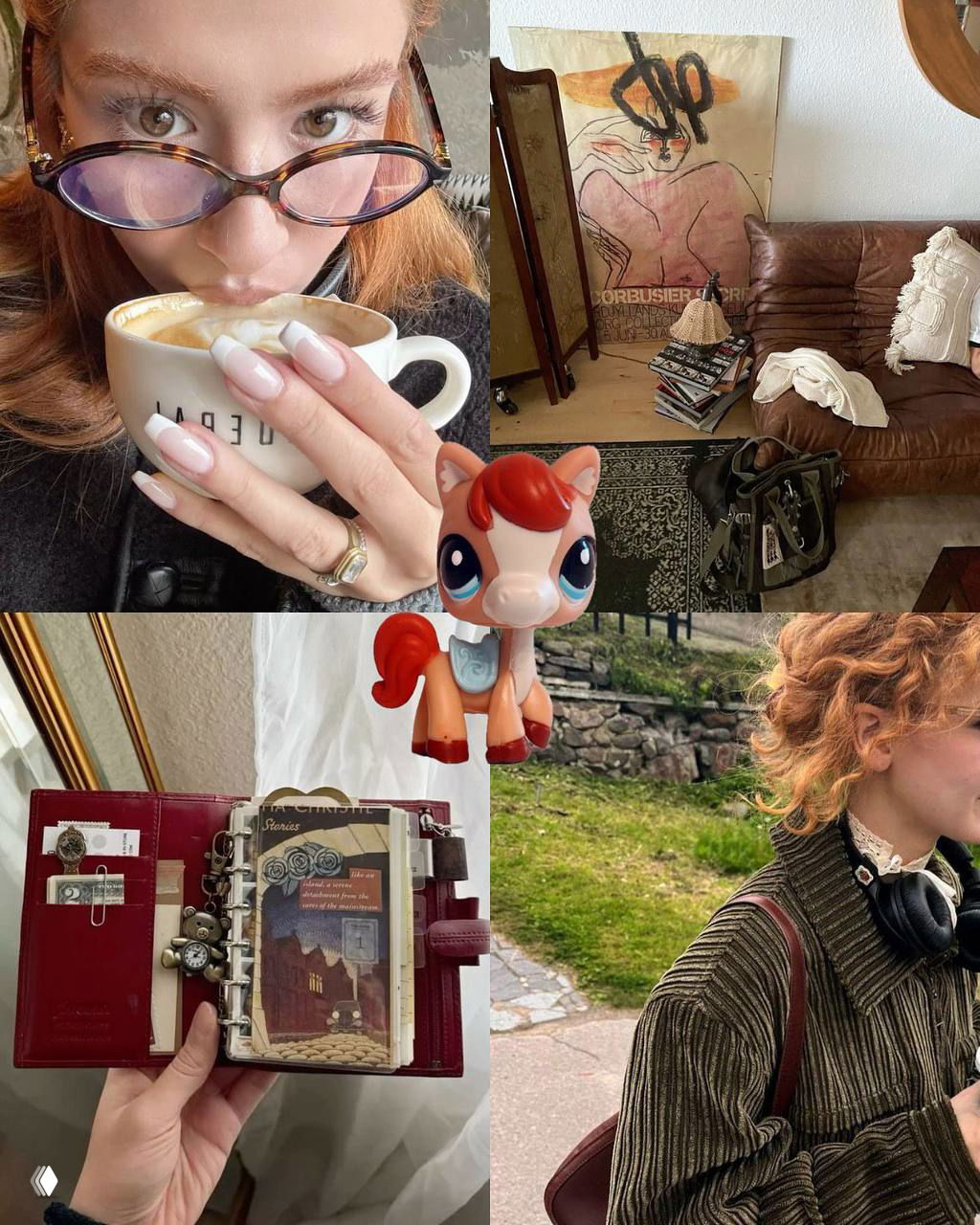 Коллаж: крупные планы лица с кофе, органайзер и природные кадры, в центре — маленькая игрушка Littlest Pet Shop, подчёркивающая тему воспоминаний.