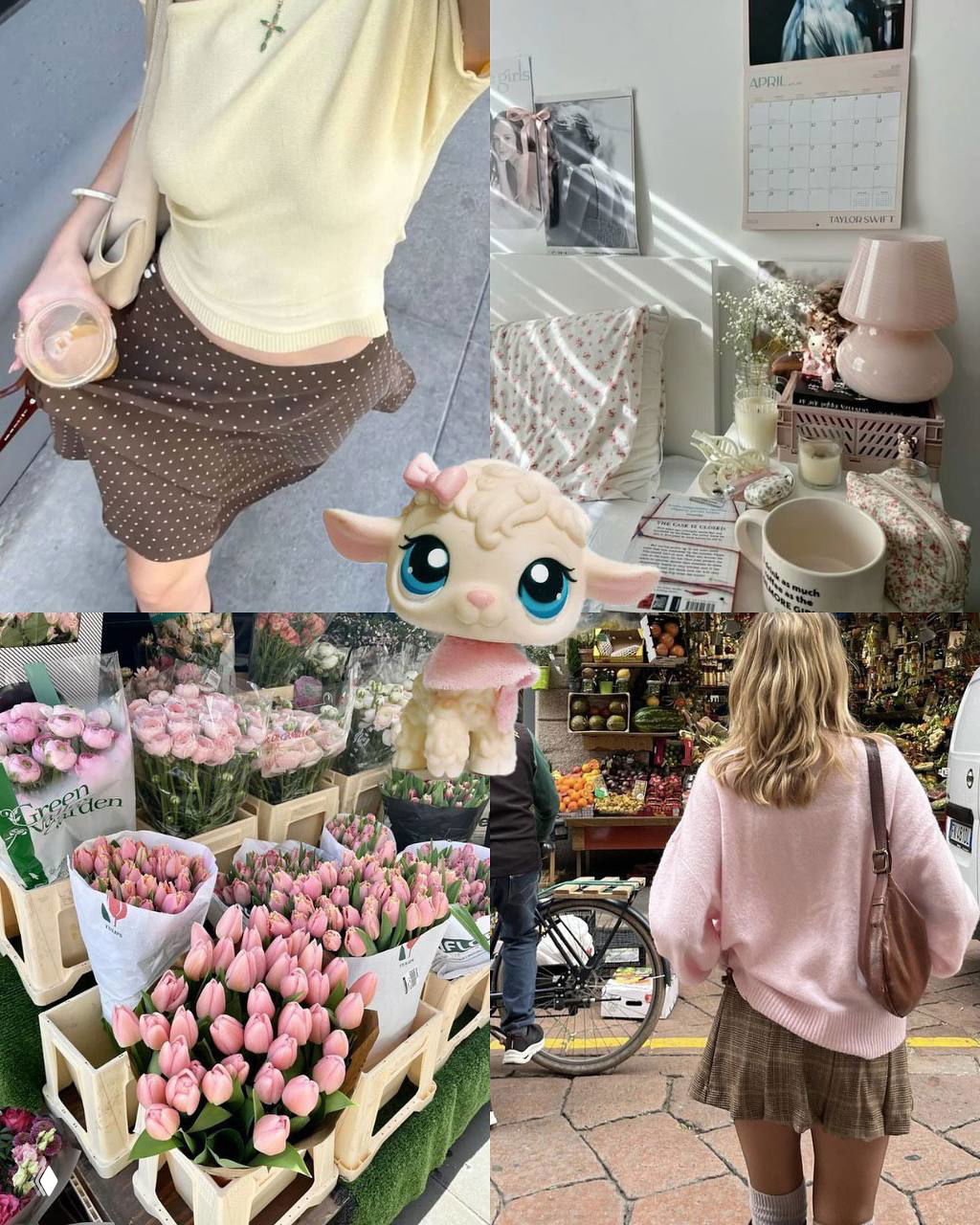 Коллаж с пикантными модными образами, цветочными прилавками и игрушкой Littlest Pet Shop в центре — пастельные оттенки и ретро-нотки.