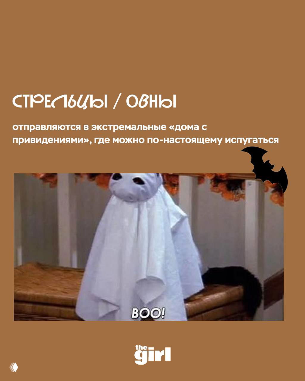 Небольшой призрак в простыне на фоне интерьера — иллюстрация про Стрельцов и Овнов, выбирающихся в экстремальные дома с привидениями.