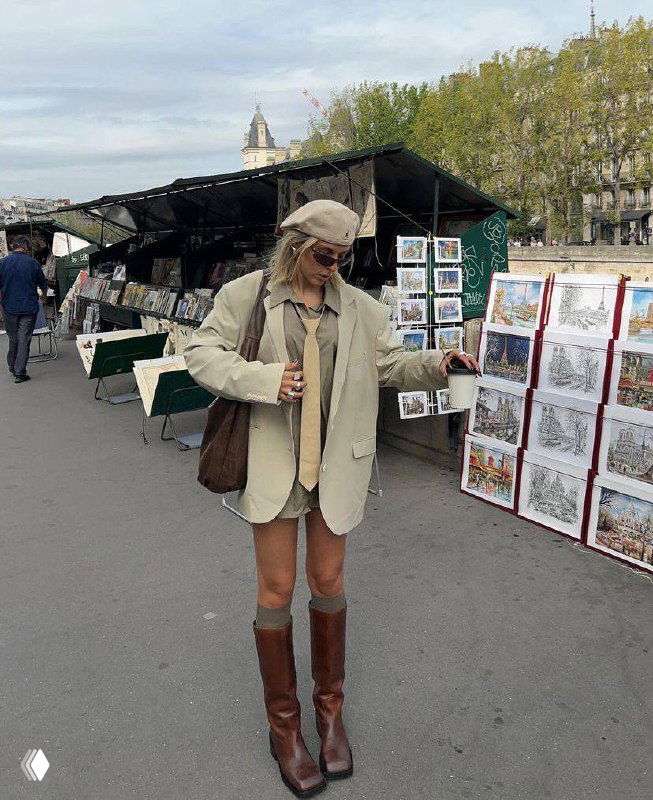Женский уличный образ с высокими коричневыми сапогами и видимыми гольфами, светлый oversized пиджак и повседневный городской фон рынка и открыток.