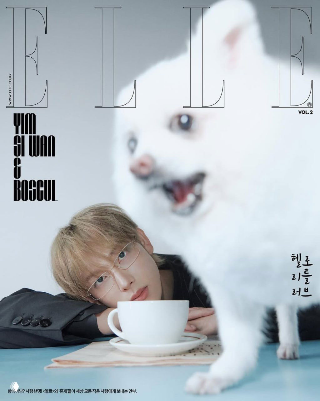 Обложка ELLE Korea: артист в кадре с белой собакой в размытом переднем плане; художественная композиция и мягкая гамма цветов.
