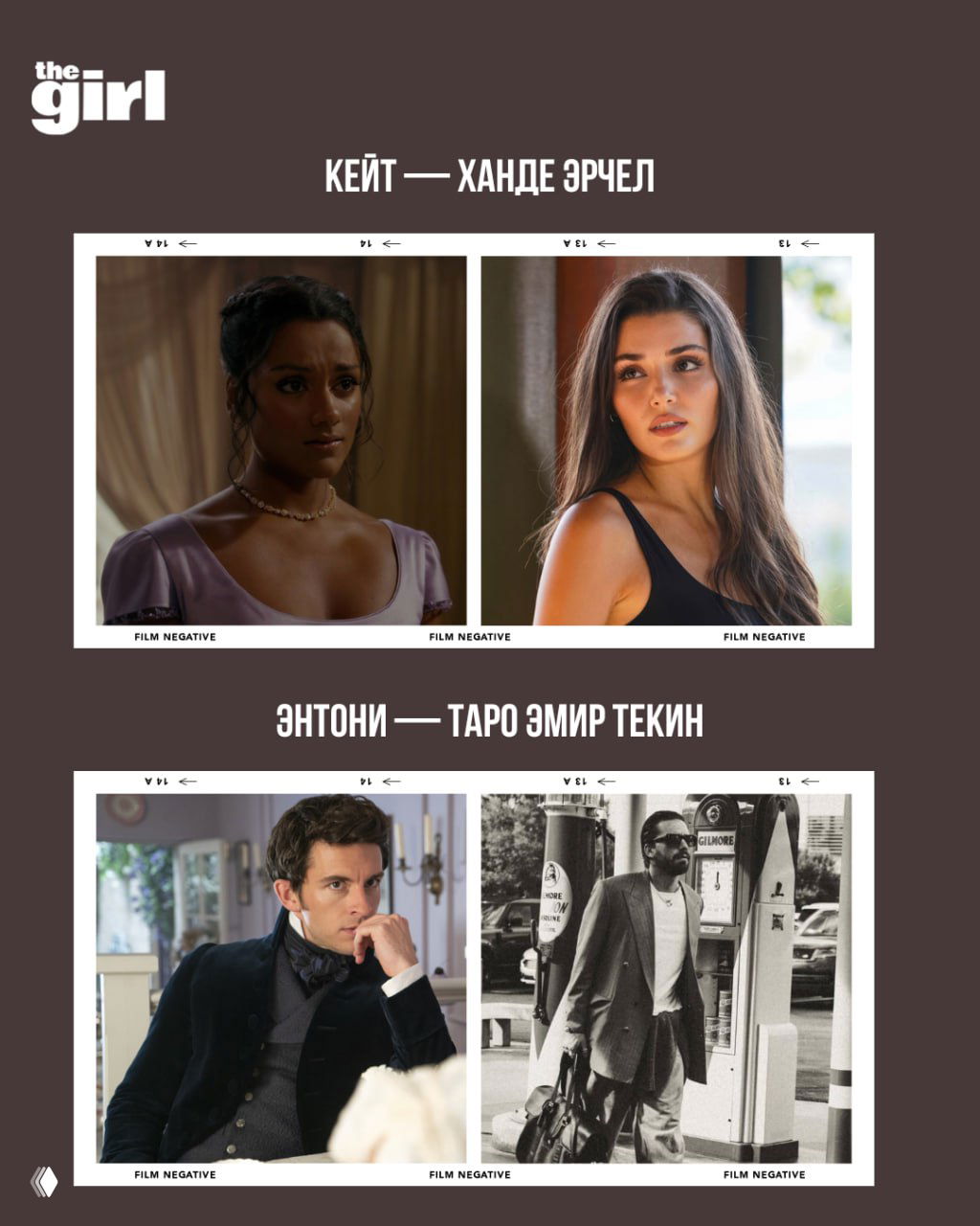 Коллаж двух фотографий: актёр в костюме эпохи и другой актёр в современном образе — подбор на мужскую роль сериала.