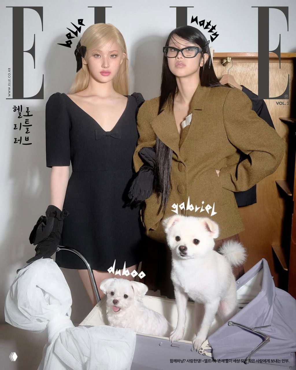 Обложка ELLE Korea: две музыкантки позируют в платьях рядом с двумя маленькими белыми собачками; модная студийная эстетика и аксессуары.