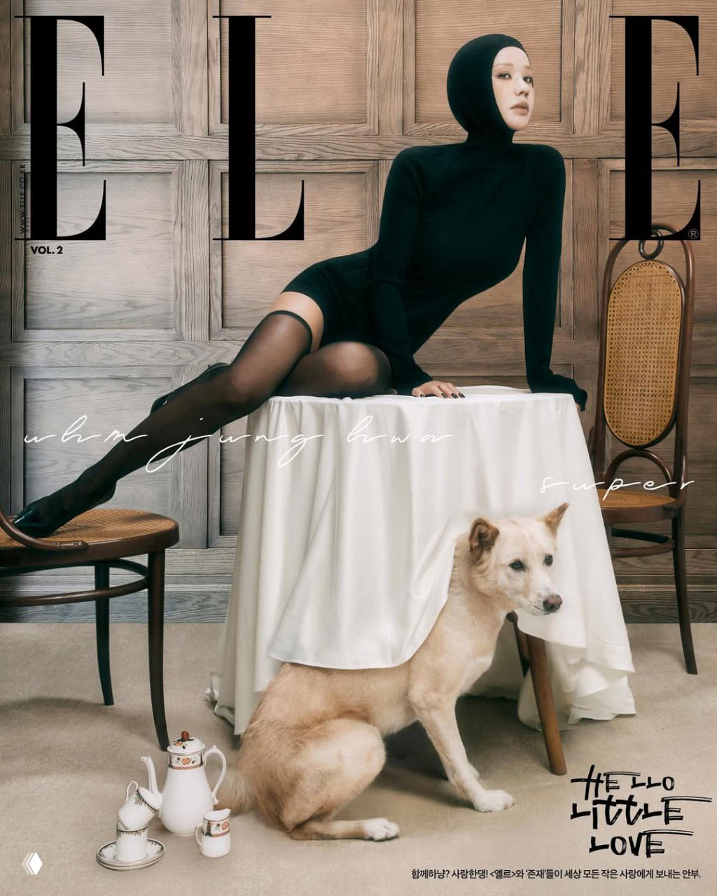 Обложка ELLE Korea: артистка в чёрном облегающем образе в окружении крупной собаки у стола; элегантная и немного драматичная эстетика.