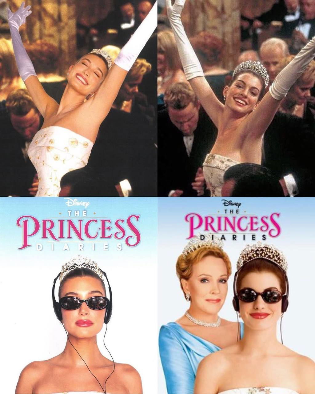 Коллаж с кадрами в образе из «Дневников принцессы»: женщина в бальном платье и тиаре на приёме, улыбается, ретро‑стилизация и гламурный фон.