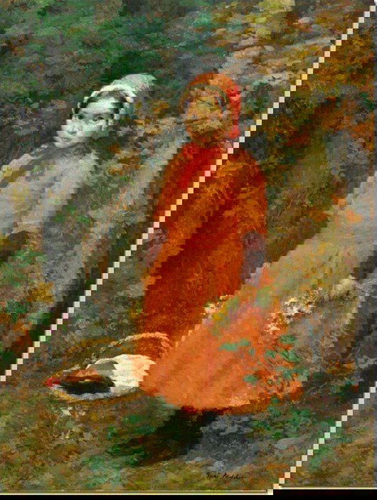 Меланхоличная картина девочки в оранжевой одежде и белом платочке, стоящей в лесу с цветами и лебедём рядом — тихий, задумчивый образ сказки.