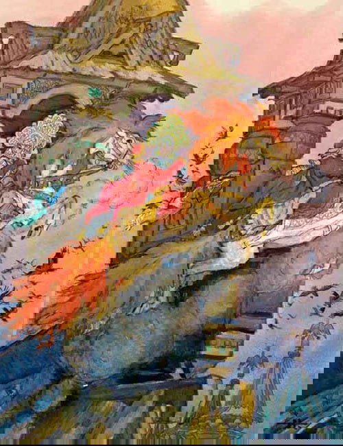 Иллюстрация с ярким конём, скачущим с высокого крыльца избушки; динамика прыжка, воронья стая вокруг и сказочная архитектура на заднем плане.