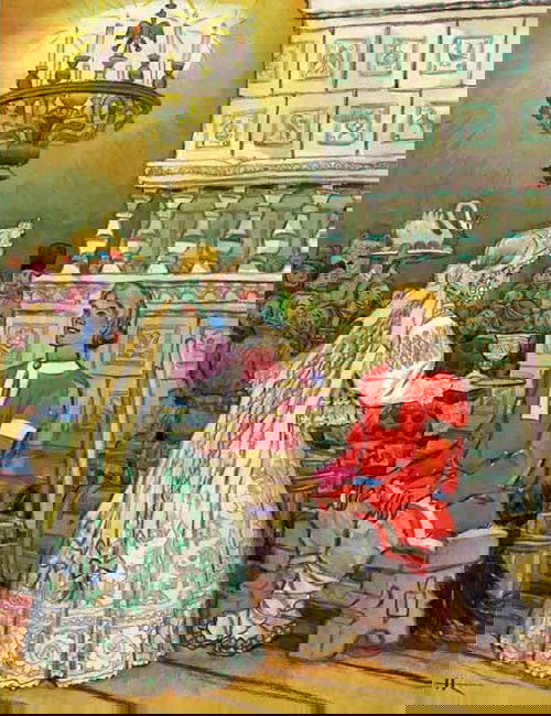 Иллюстрация с царевной и молодым человеком в тронном зале: нарядные костюмы, праздничная сервировка и искренняя сценка признания.