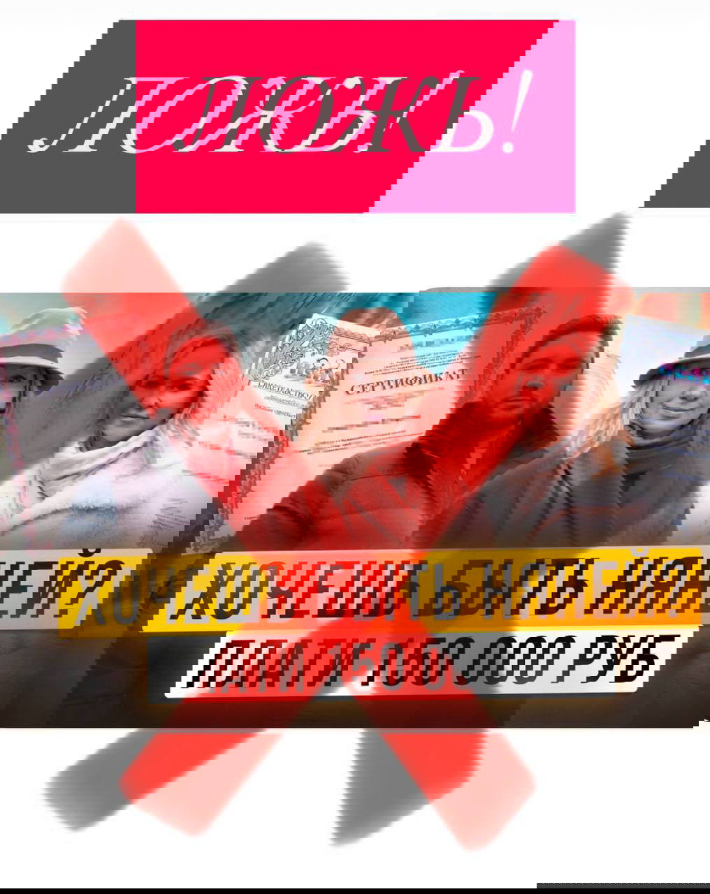 Иллюстрация: трое людей на фоне сертификатов, крупный красный крест сверху и надпись «ХОЧЕШЬ БЫТЬ НЯНЕЙ? ПЛАТИ 150 000 РУБ», вверху слово «ЛОЖЬ!»