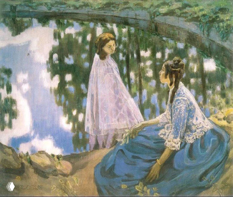 Тихая сцена у пруда: отражение деревьев в воде, женщина и ребёнок у берега, мягкие пастельные тона и спокойная атмосфера созерцания.