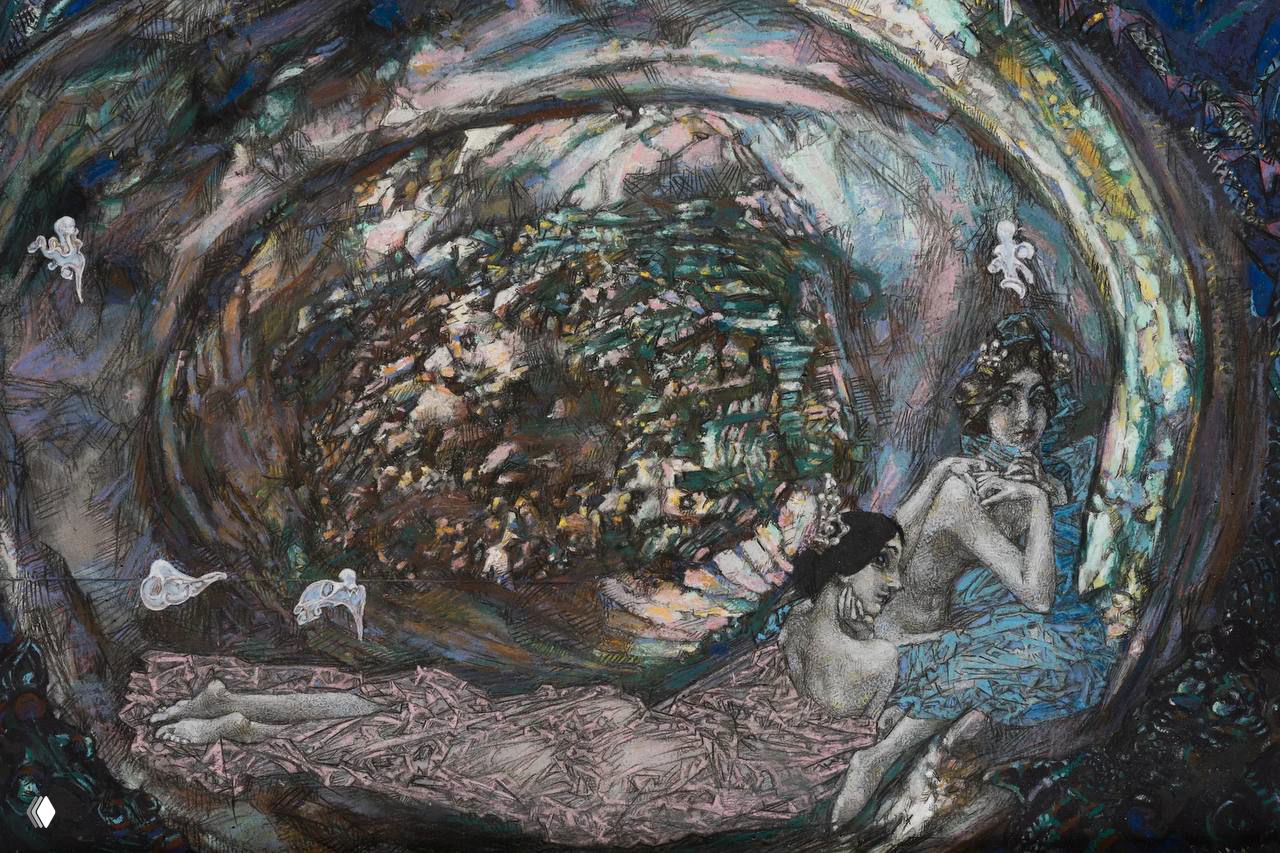 Фантастическая, почти сюрреалистическая сцена с несколькими фигурами в окружении закрученного пространства и мягкой палитры — образ внутреннего мира и фантазий.