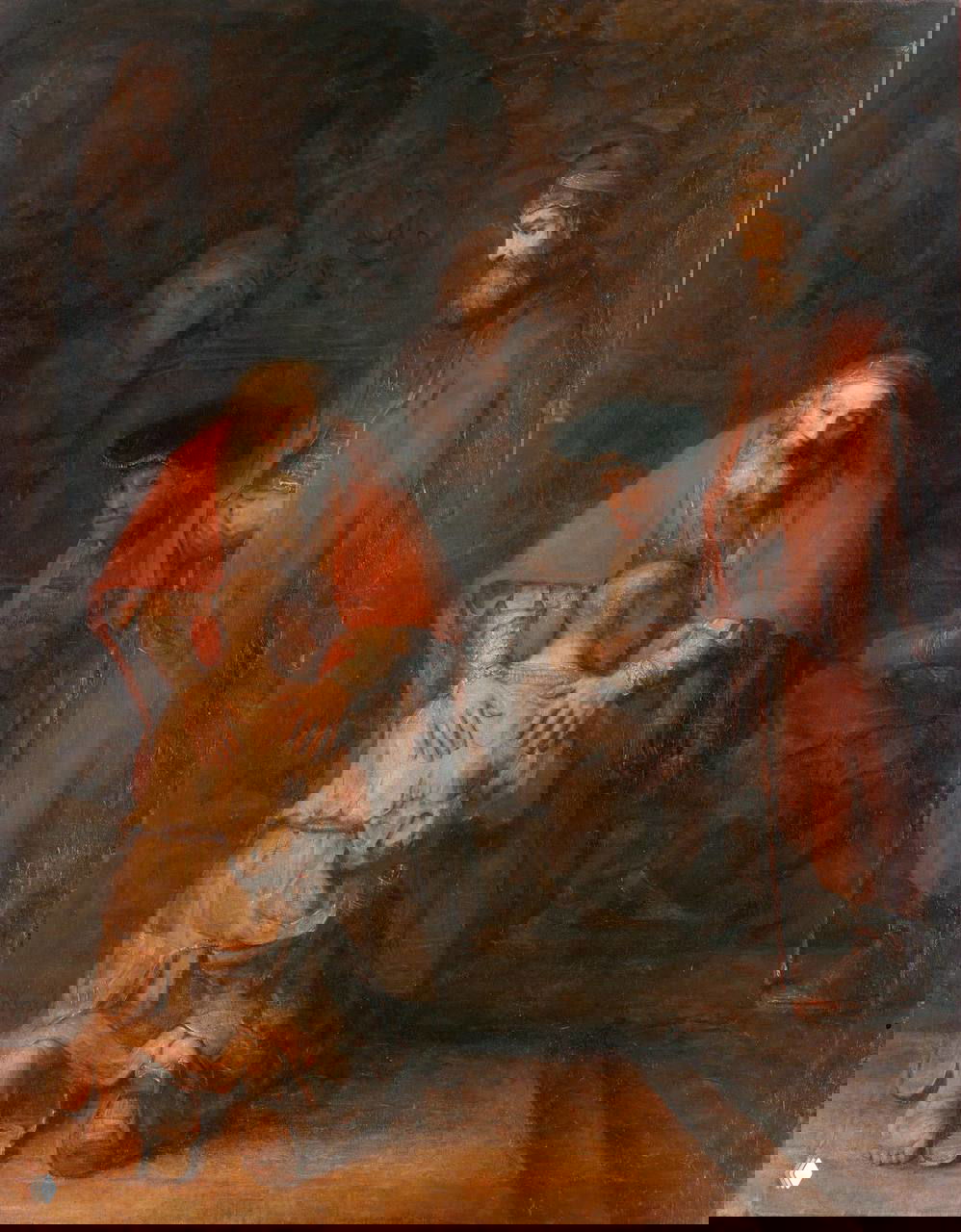 Интимная бытовая сцена в тёплых коричнево-янтарных тонах: фигура склоняется над другой, тема прощения, возвращения или примирения в семейном контексте.