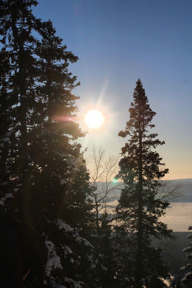 Вертикальный кадр: солнце низко над лесом и озером, силуэты высоких сосен и блеск воды вдали — зимний вид с пригорка в Зюраткуле.