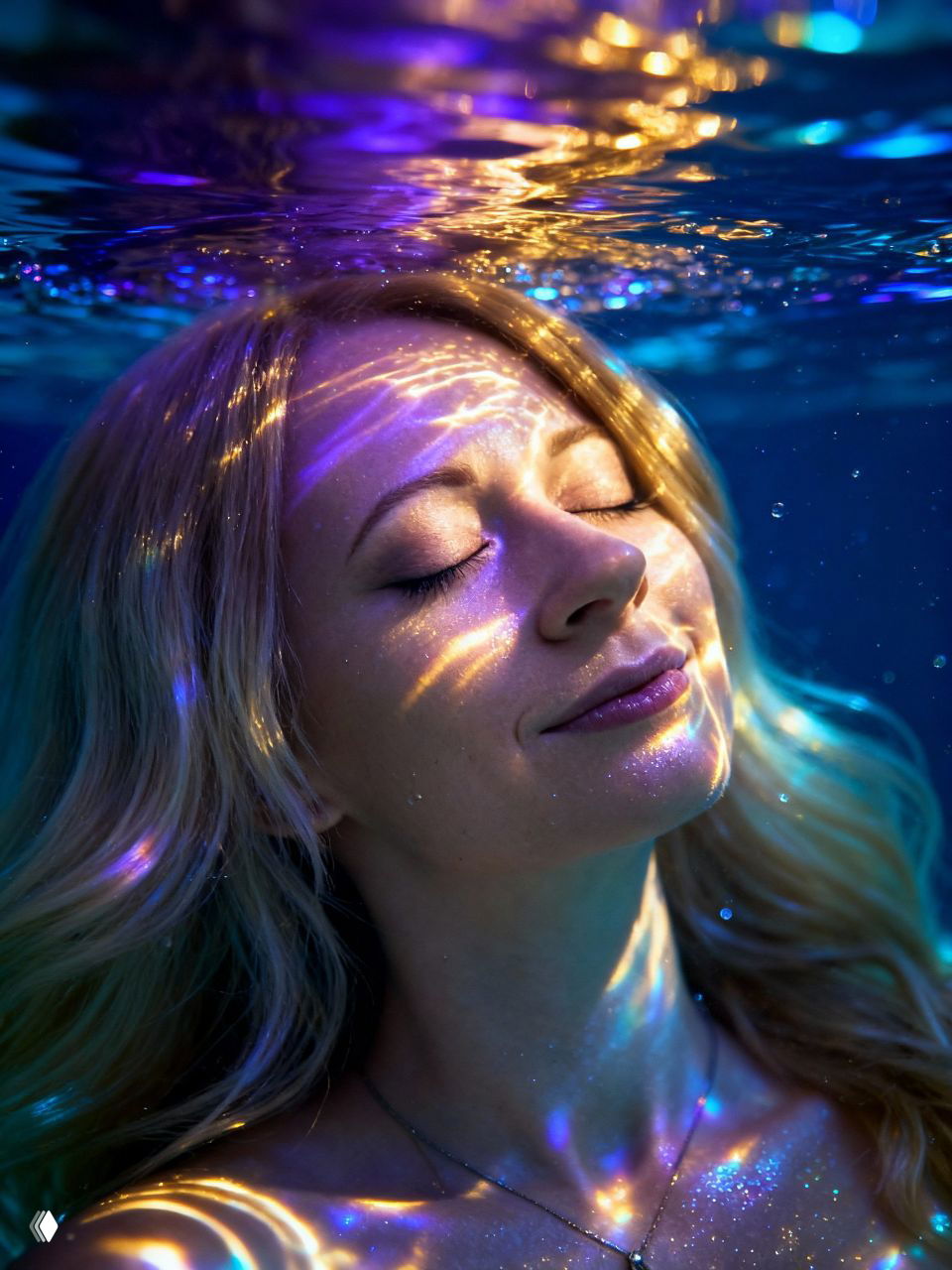 Женщина с закрытыми глазами под водой, цветные блики света на лице и теле создают атмосферу расслабления и самоухаживания.