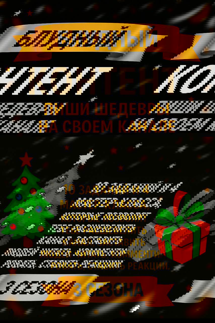 Постер «Блудный контент» с описанием 10 заданий и мастер-классов, декоративная ёлка и подарок на тёмном фоне с золотыми элементами.