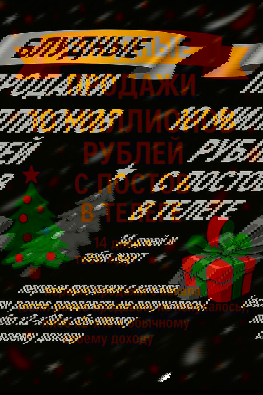 Плакат «Блудные продажи» с крупным текстом про 10 миллионов рублей и обещания роста продаж через посты в Telegram, тёмный фон и праздничная графика.