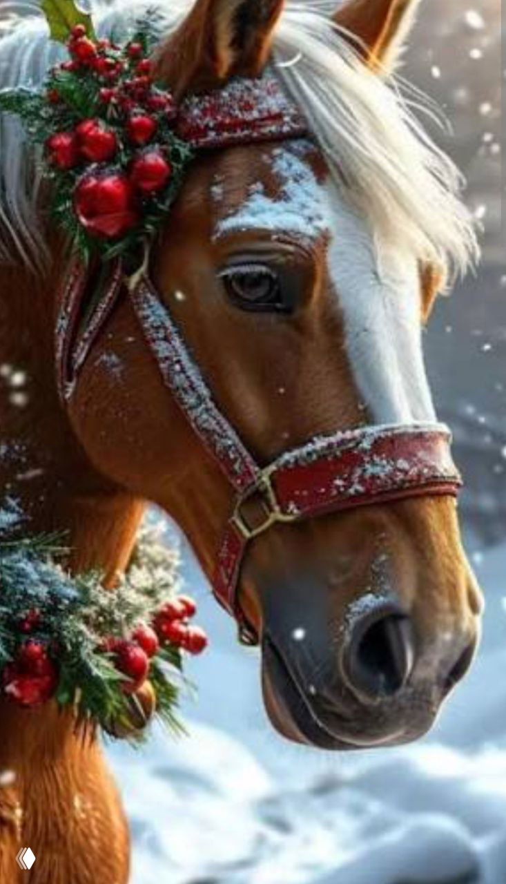Крупный план головы лошади в зимнем пейзаже: снежная грива, праздничный венок с ярко-красными ягодами и украшенная кожаная уздечка.