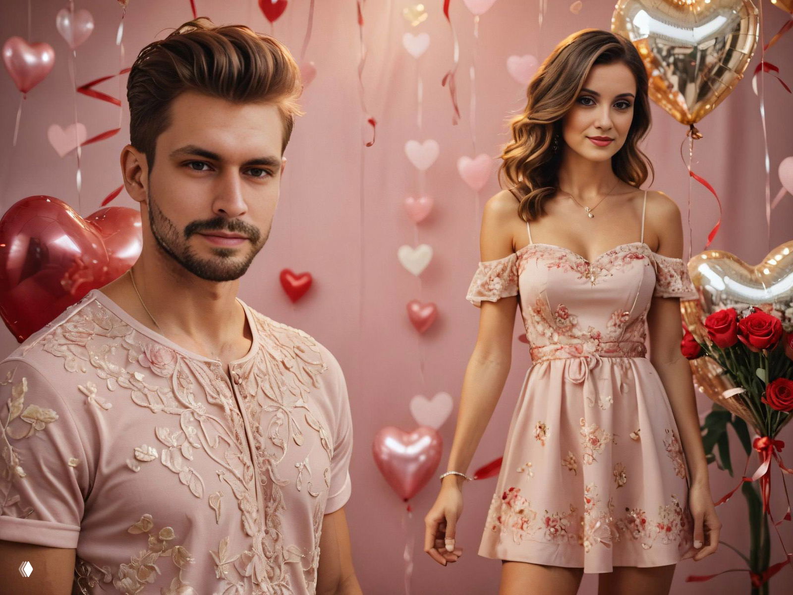 Мужчина и женщина на фоне розовых сердечных шаров и роз в студийной Valentine‑атмосфере; нейросетная обработка фото.