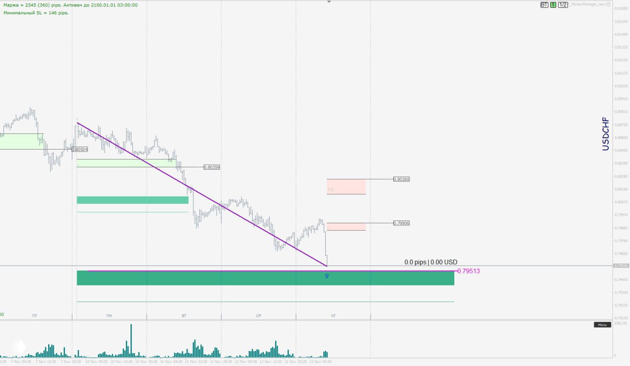 График CHF/USD с пометкой зоны поддержки около 0.79513 и линией тренда, отмечено закрытие сделки по тейк-профиту и последующая коррекция.
