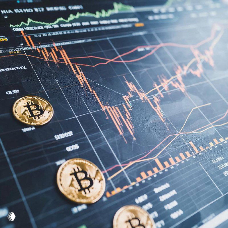 Монеты Bitcoin на фоне графика с падающими свечами и индикаторами — иллюстрация волатильности крипторынка и влияния данных по занятости США.