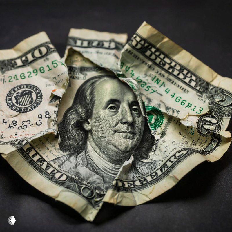 Крупный план изорванной банкноты доллара США с портретом Бенджамина Франклина на темном фоне, символ тревоги и давления на валюту в условиях нестабильности.