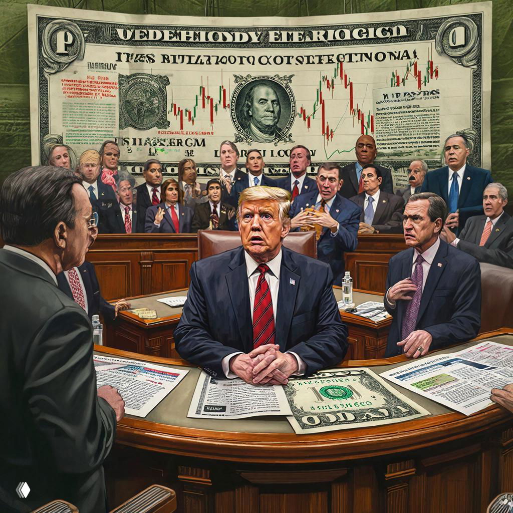Картина: фигура политического деятеля за столом в зале слушаний на фоне огромной долларовой банкноты и графиков валютных курсов.