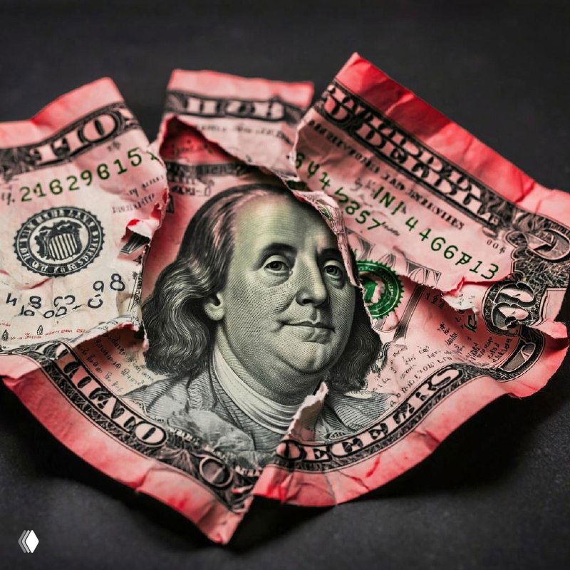 Порванная банкнота доллара США с портретом Бенджамина Франклина на тёмном фоне, символ ослабления валюты и риска на финансовых рынках.