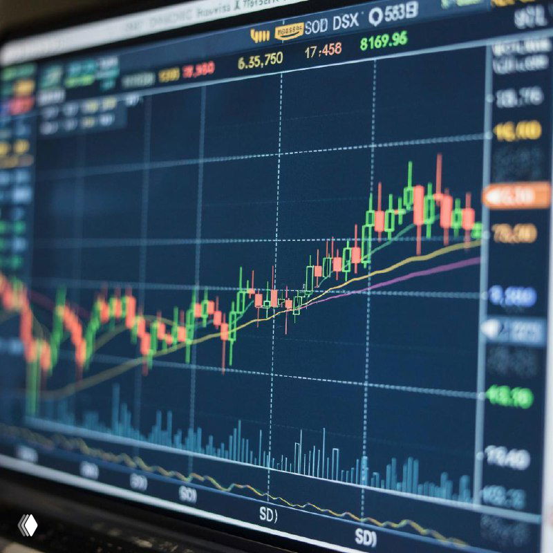 Экран монитора с финансовым графиком: цветные свечные диаграммы, линии скользящих средних и столбцы объёма торгов, иллюстрация рыночной динамики.